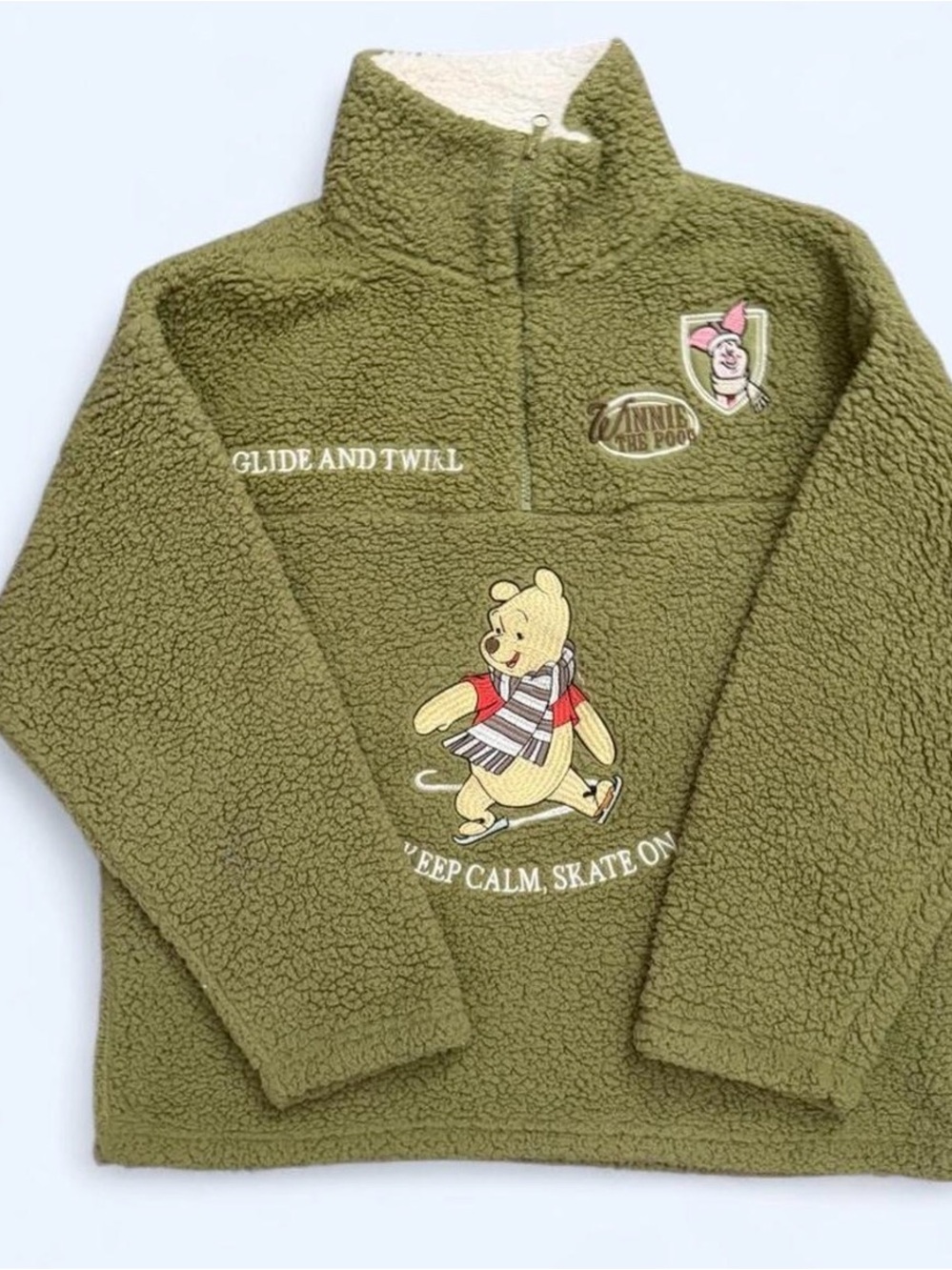 Disney Winnie the Pooh olive green sherpa fleece 1/4-zip pullover 🐻⛸️ M